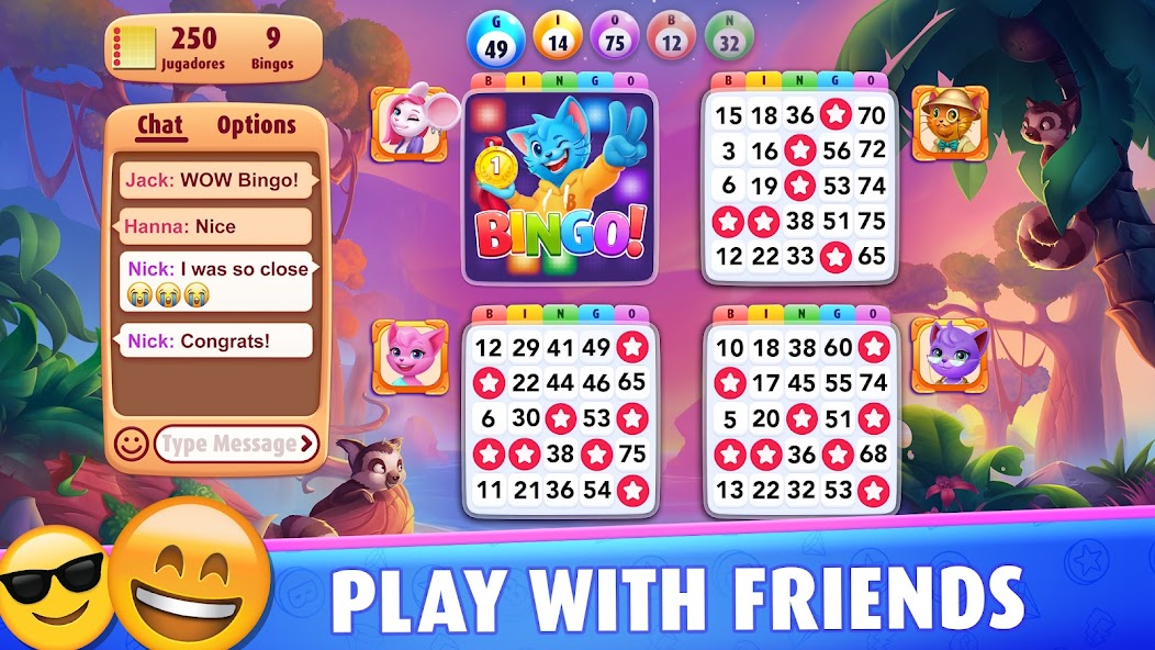 Bingo Blitz screenshot showing social bingo with chat